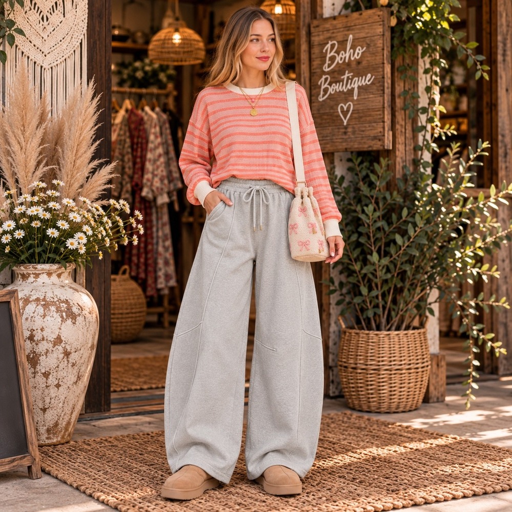 295.New Zenana Women H Gray Fleece Barrel Sweatpants High Waist Wide Leg Jogger - Picture 2 of 3